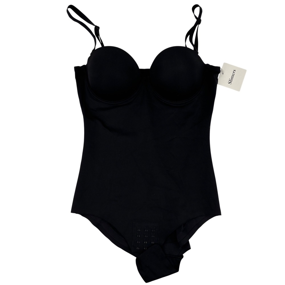NWT Slimers  Black Bodysuit Shapewear Underwire Cups Low Back Firm Control M